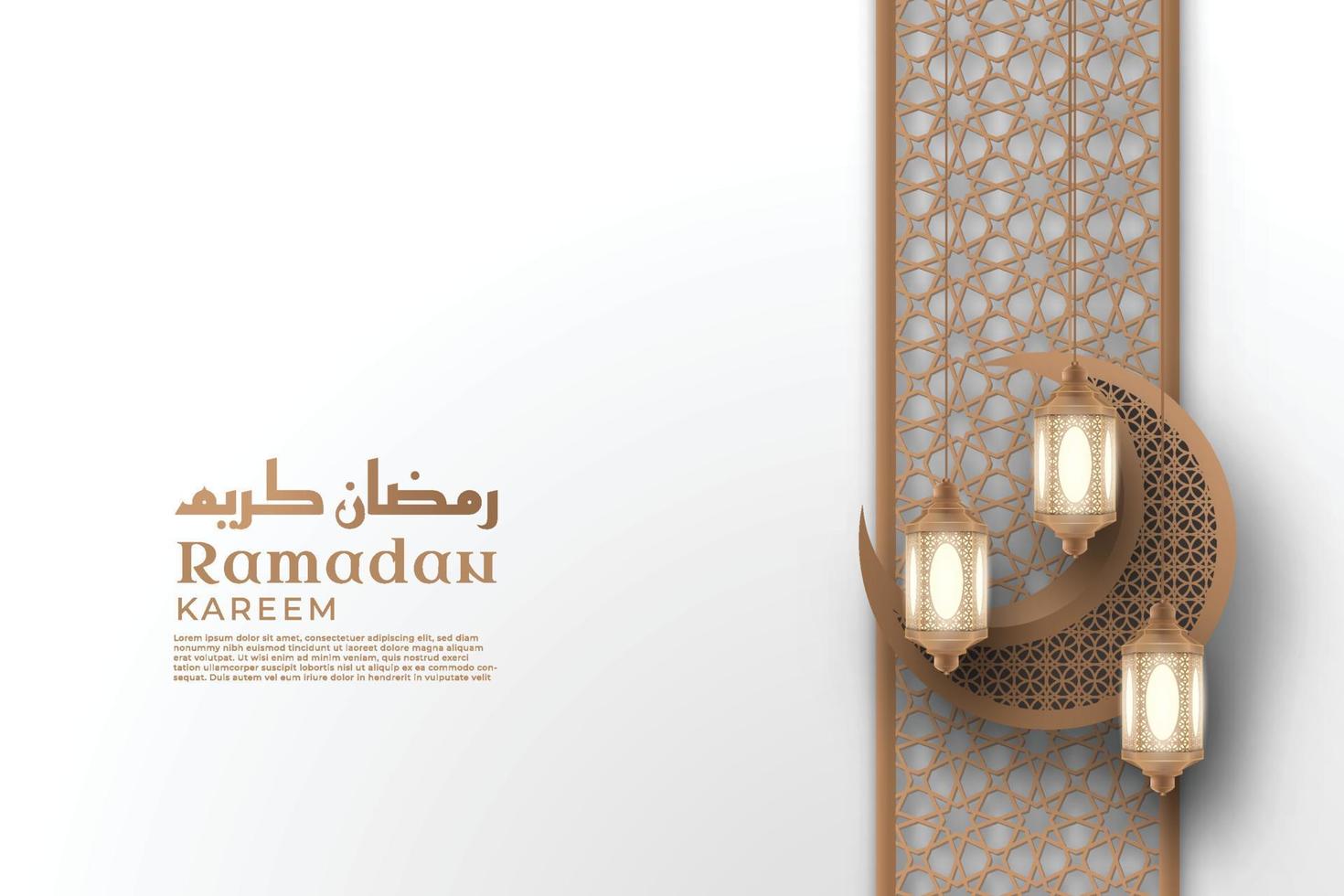 islamitische realistische ramadan kareem-achtergrond met maan en hangende lantaarn in topframe premium vector