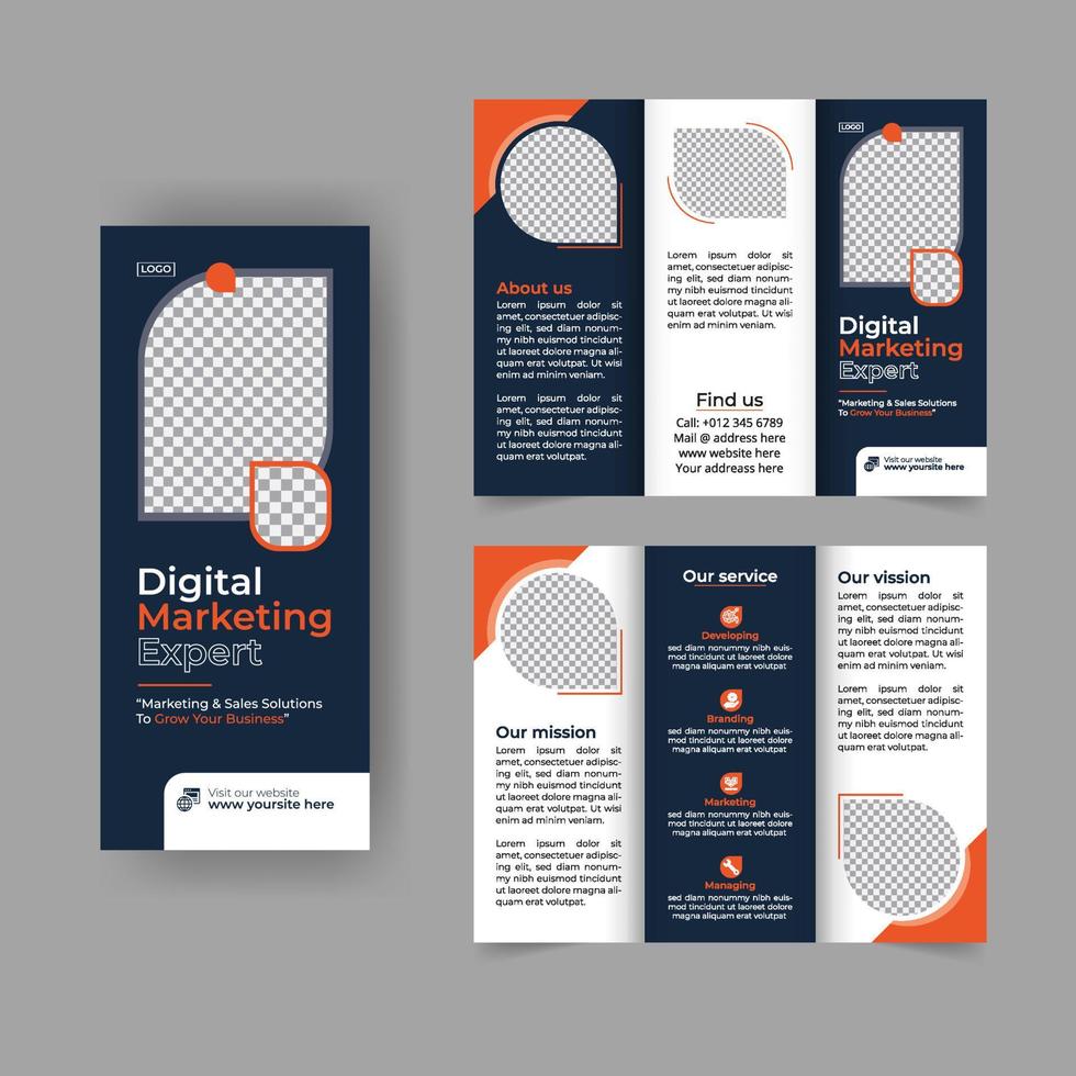 digitale marketing driebladige brochure jaarlijkse rapportomslag, zakelijke drievoudige bedrijfsbrochureomslag of flyerontwerp. presentatie van de folder. catalogus met abstracte geometrische achtergrond. vector