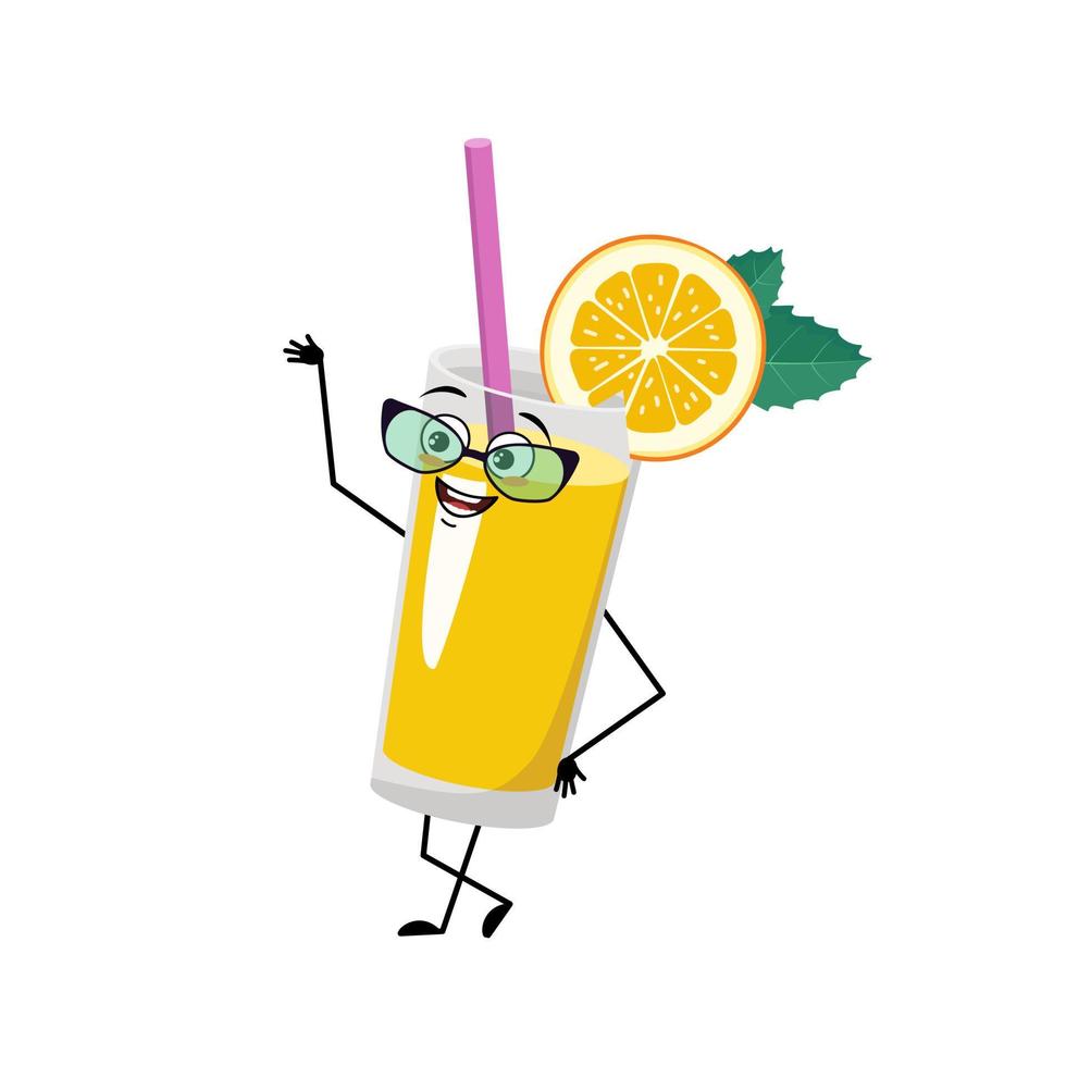 sinaasappelsmoothie met fruit en strokarakter met glazen en gelukkige emotie, gezicht, glimlachogen, armen en benen. gezonde vitaminedrank in glas grappige uitdrukking en pose. platte vectorillustratie vector