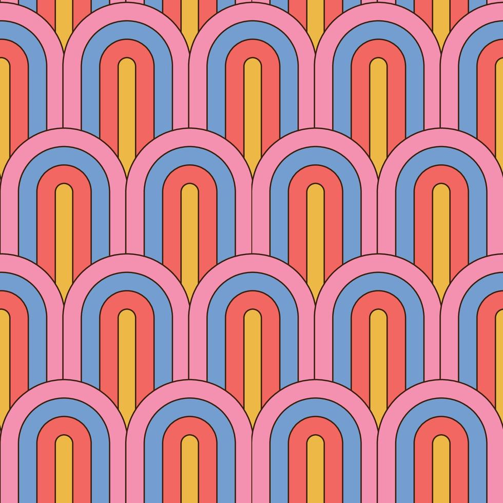 retro zomer 70s regenboog strepen naadloos patroon. retrowave 80s kunst retro achtergrond. gestreepte bogen in groovy jaren 70-stijl. abstracte geometrische vectorillustratie.. vector
