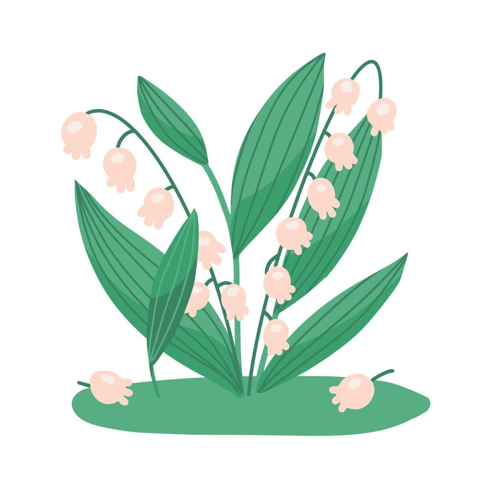 Lelietje van dalen. witte lentebloem. bloeiende lelietje-van-dalen op groen gras achtergrond. platte hand getekende cartoon vectorillustratie geïsoleerd op wit. vector