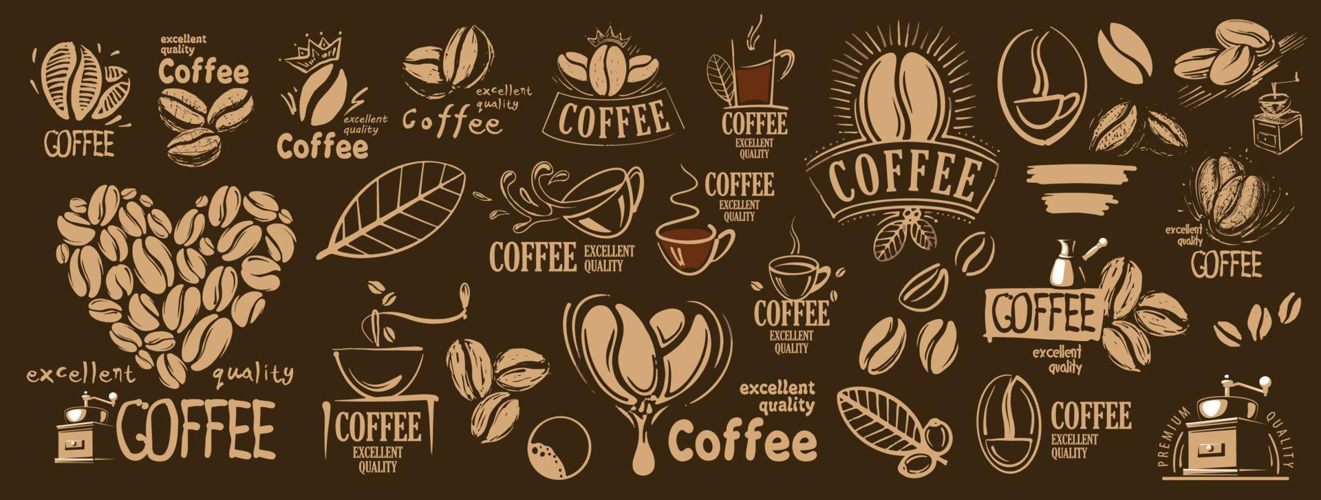 grote vectorset van getekende logo's en koffie-elementen vector