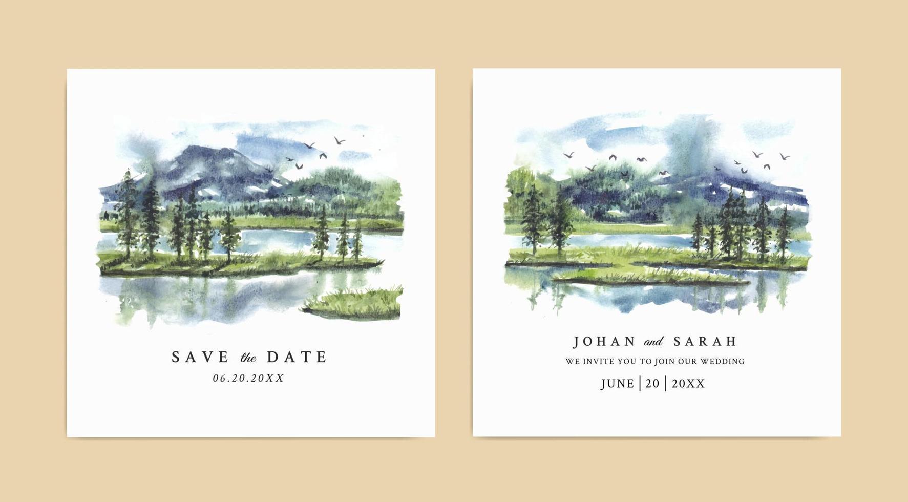 aquarel huwelijksuitnodiging met weerspiegeling van pijnbomen en bergen in het meer vector