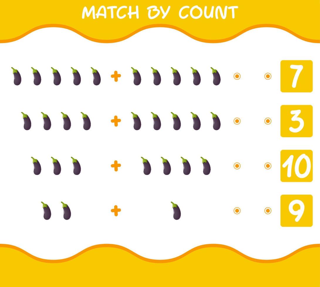 match door telling van cartoon aubergine. match en tel spel. educatief spel voor kleuters en peuters vector