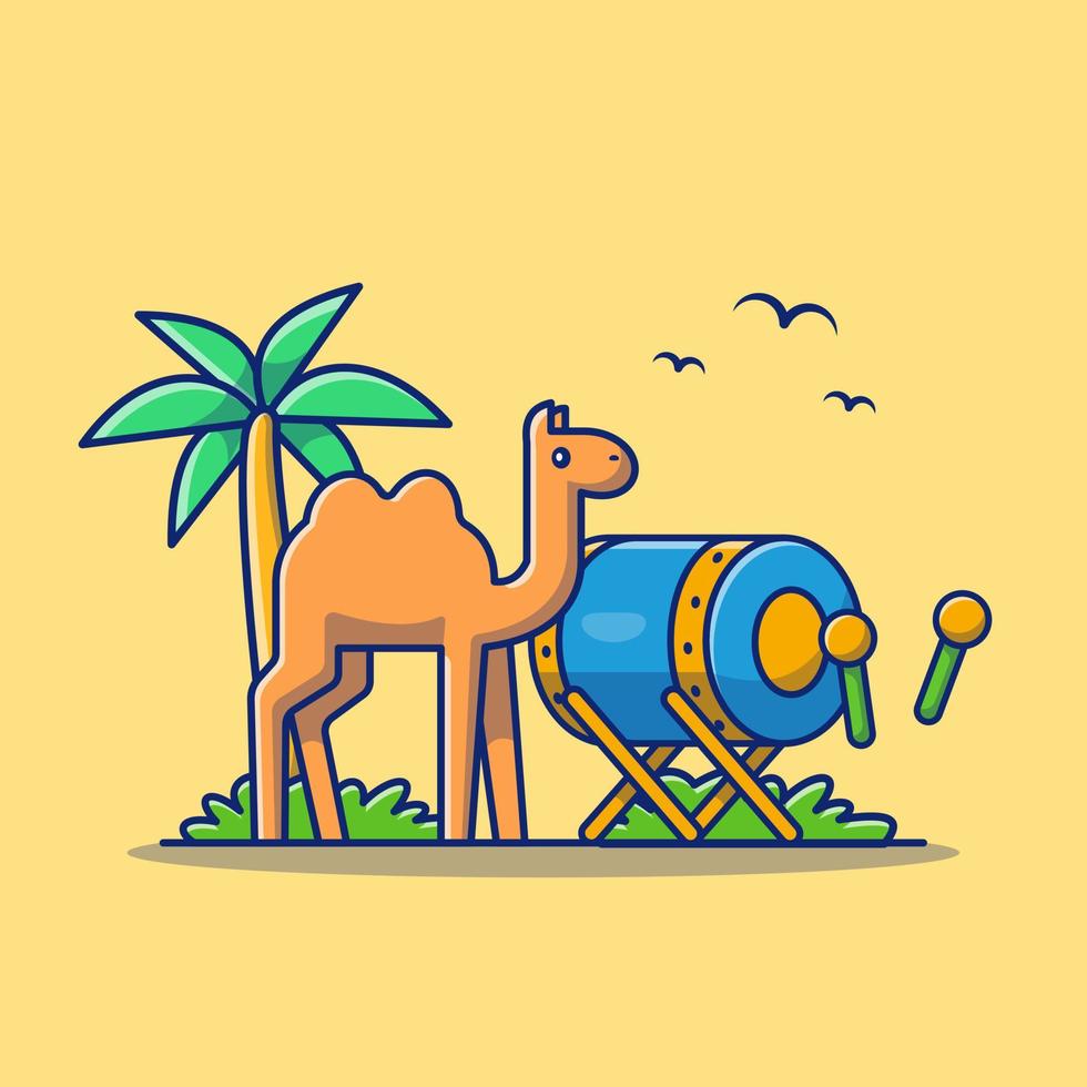 kameel met bedug moslim trommel cartoon vector pictogram illustratie. dierlijke religie pictogram concept geïsoleerde premium vector. platte cartoonstijl