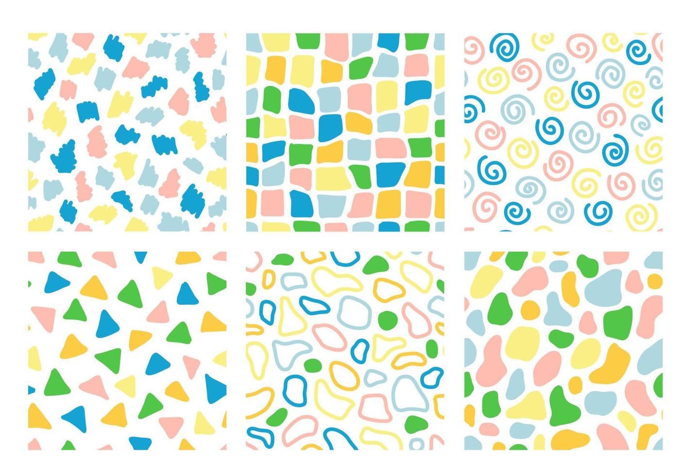 kleurrijke naadloze patroon set met hand getrokken abstracte vormen. trendy vectorachtergrond. frisse moderne geoprint voor kinderkleding, scrapbooking, behang vector