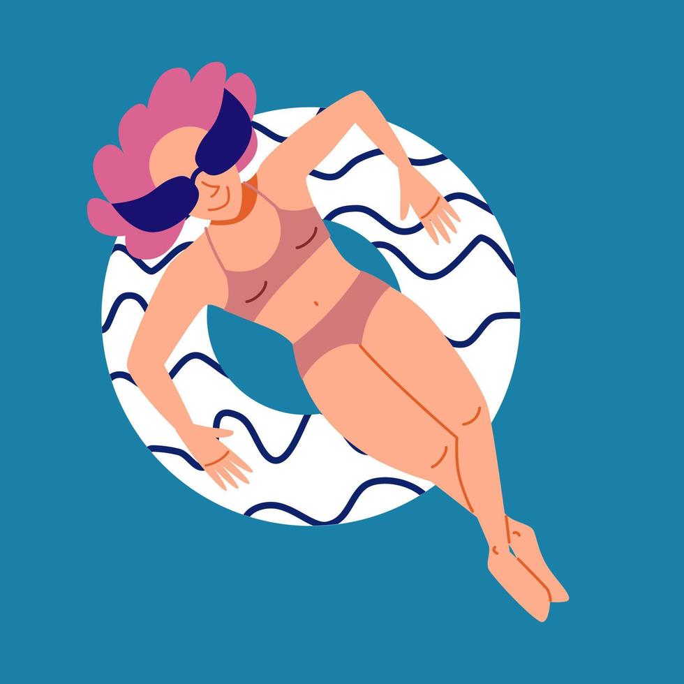een vrouw rust en zonnebaadt op een opblaasbare cirkel in de zee. vector