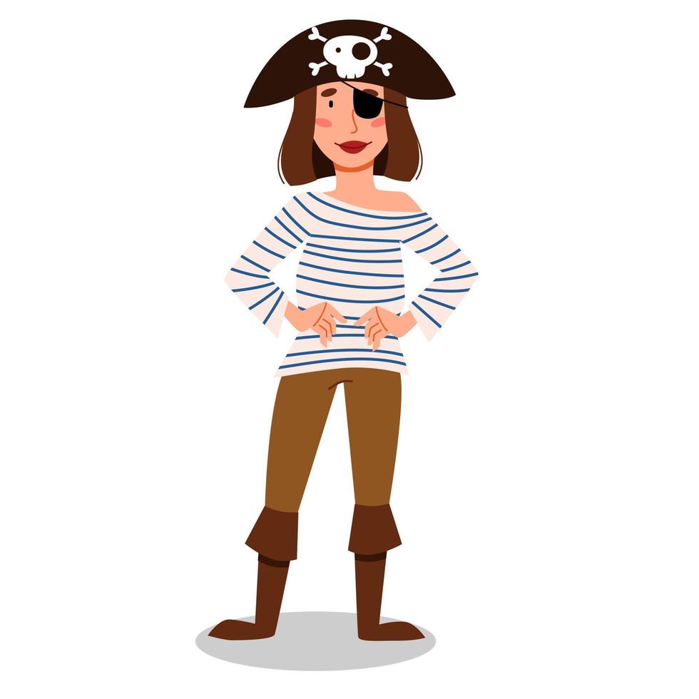 een piratenkarakter van een meisje in een pak, hoed en ooglapje. een vrouw in een gestreept jasje, handen op haar middel. vector