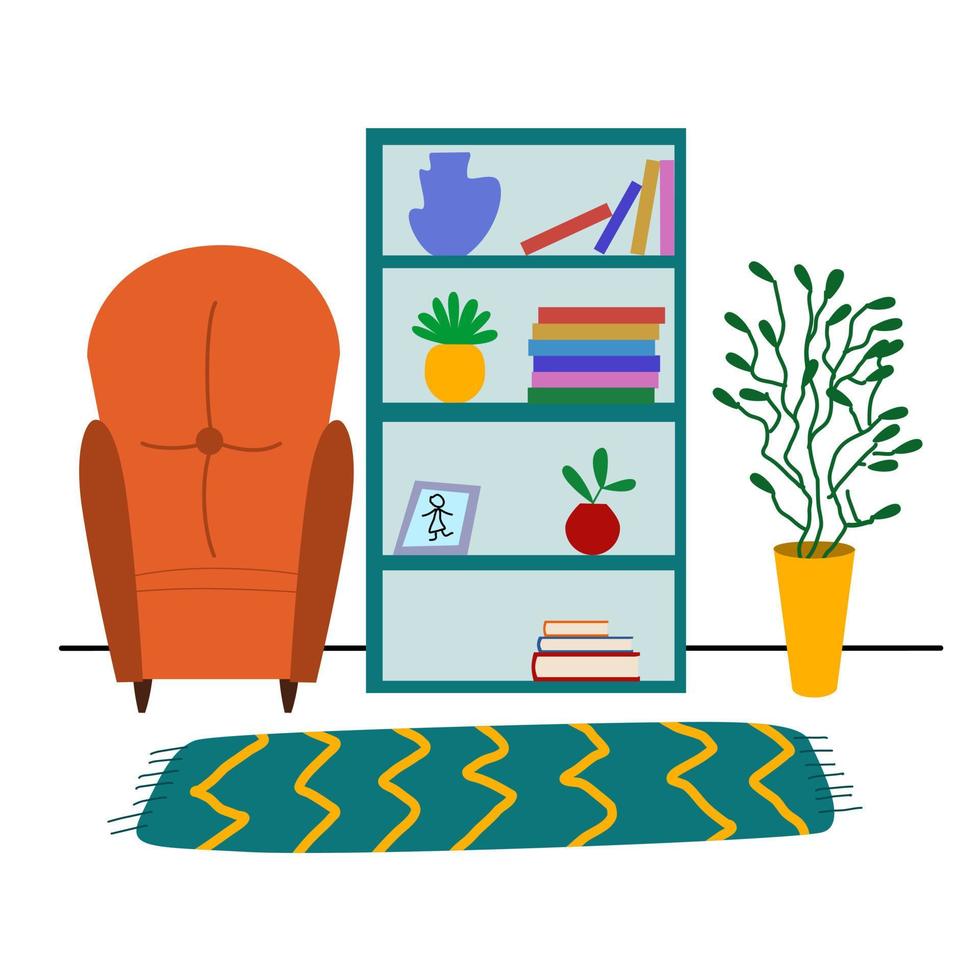 het interieur van een gezellige woonkamer. een comfortabele fauteuil, een boekenplank, een tapijt en een kamerplant. vector