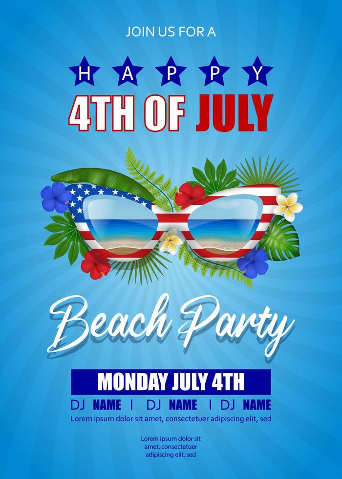 4 juli beach party poster met zonnebril en tropische bladeren. Amerikaanse onafhankelijkheidsachtergrond vector