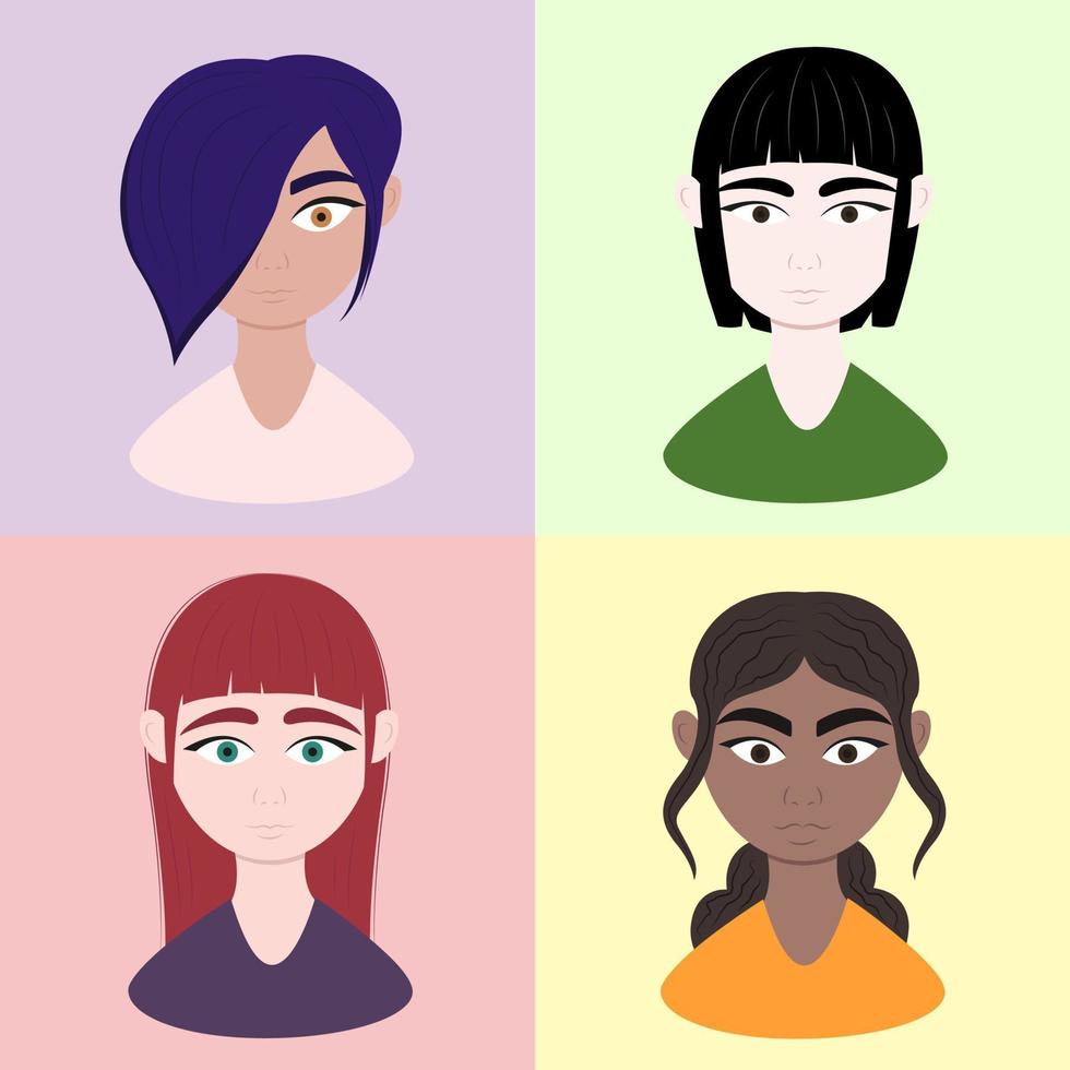 vrouwen verschillende race portret cartoon set. mooie Amerikaanse, Aziatische, Afrikaanse, Europese meisjes op kleurrijke achtergrond. etnische diversiteit en tolerantie. vectorillustratie in platte cartoon-stijl. vector