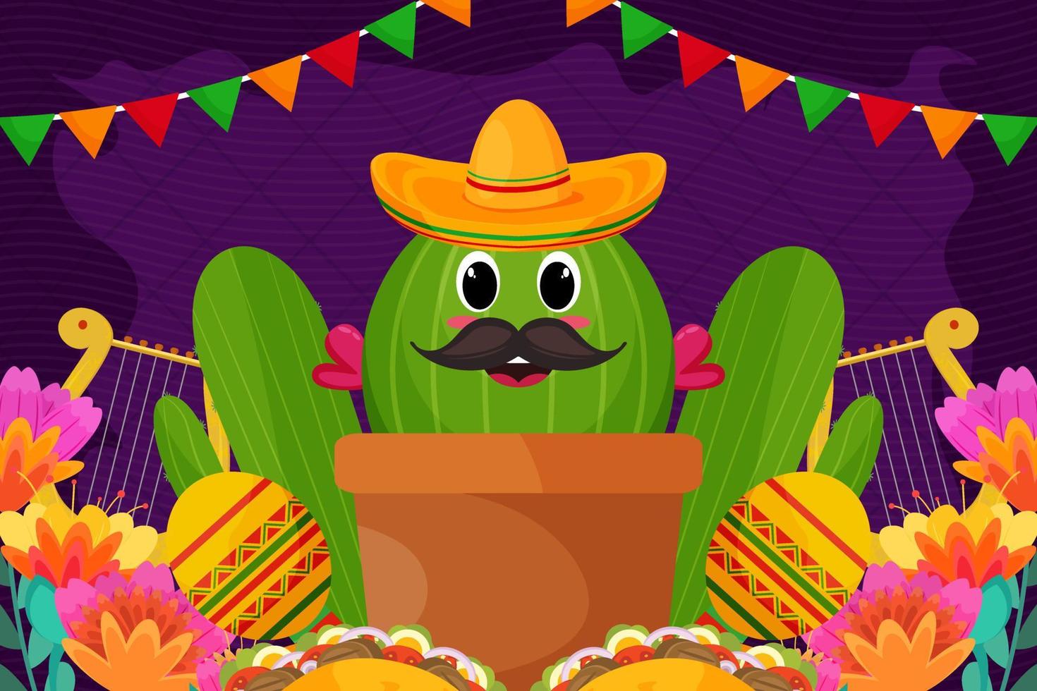 platte cinco de mayo festival achtergrondviering met cactus vector