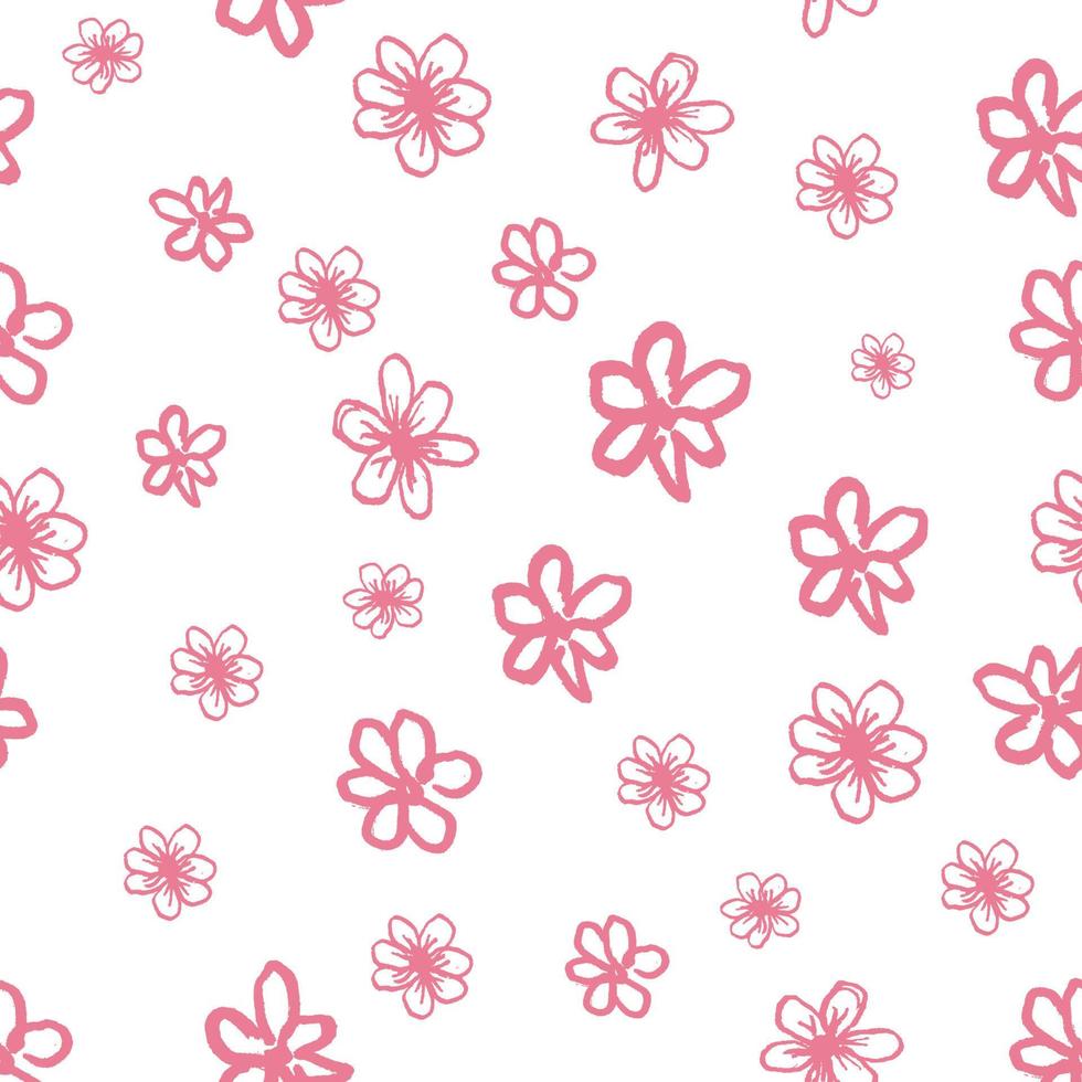 naadloos vectorpatroon met kleine grappige roze bloemen. kinderlijke tekening. geïsoleerd op een witte achtergrond. eenvoudig printontwerp voor behang, textiel, stof, cadeauverpakking, keramische tegels vector