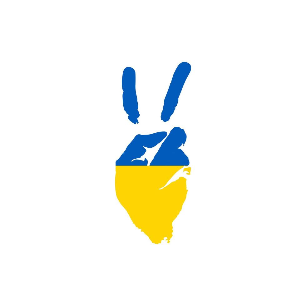 hand met twee vingers omhoog gebaar in de gekleurde nationale vlag van Oekraïne als symbool van winnen vector