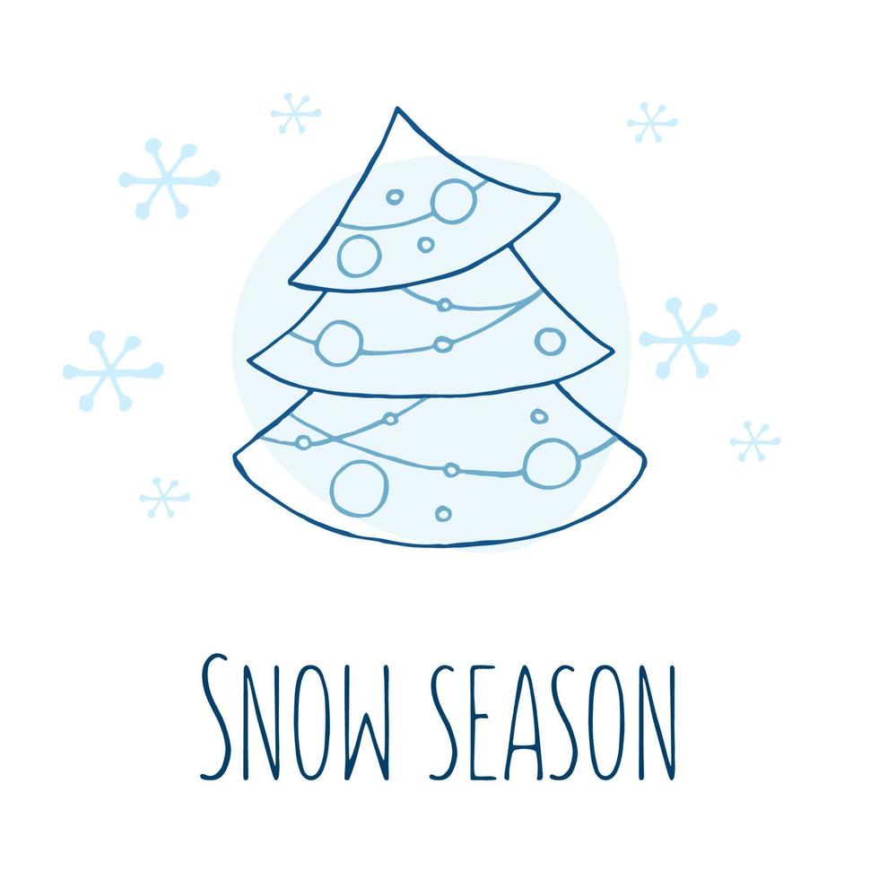 een handgetekende kerstboom. vectorillustratie in doodle stijl. winterse stemming. hallo 2023. prettige kerstdagen en gelukkig nieuwjaar. blauw element met sneeuwvlokken op een witte achtergrond. vector