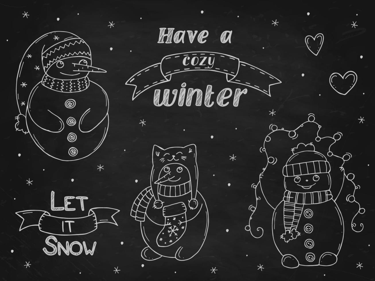 set van schattige sneeuwmannen op een zwart krijtbord. vectorillustratie in doodle stijl. winterse stemming. hallo 2023. prettige kerstdagen en gelukkig nieuwjaar. vector