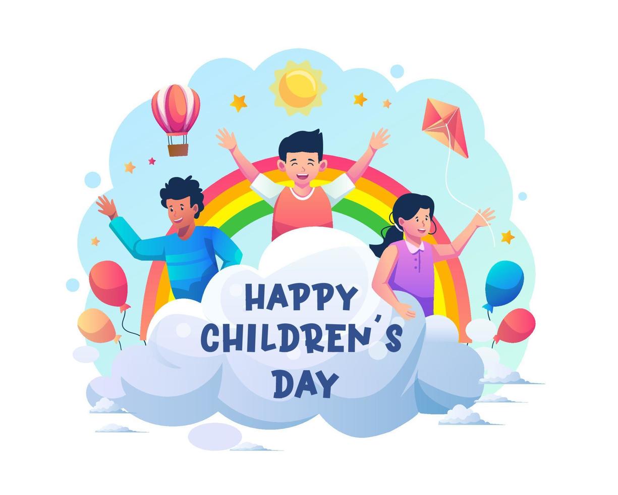 gelukkige kinderen spelen op de wolk met de regenboog en ballonnen die de dag van kinderen vieren. vlakke stijl vectorillustratie vector