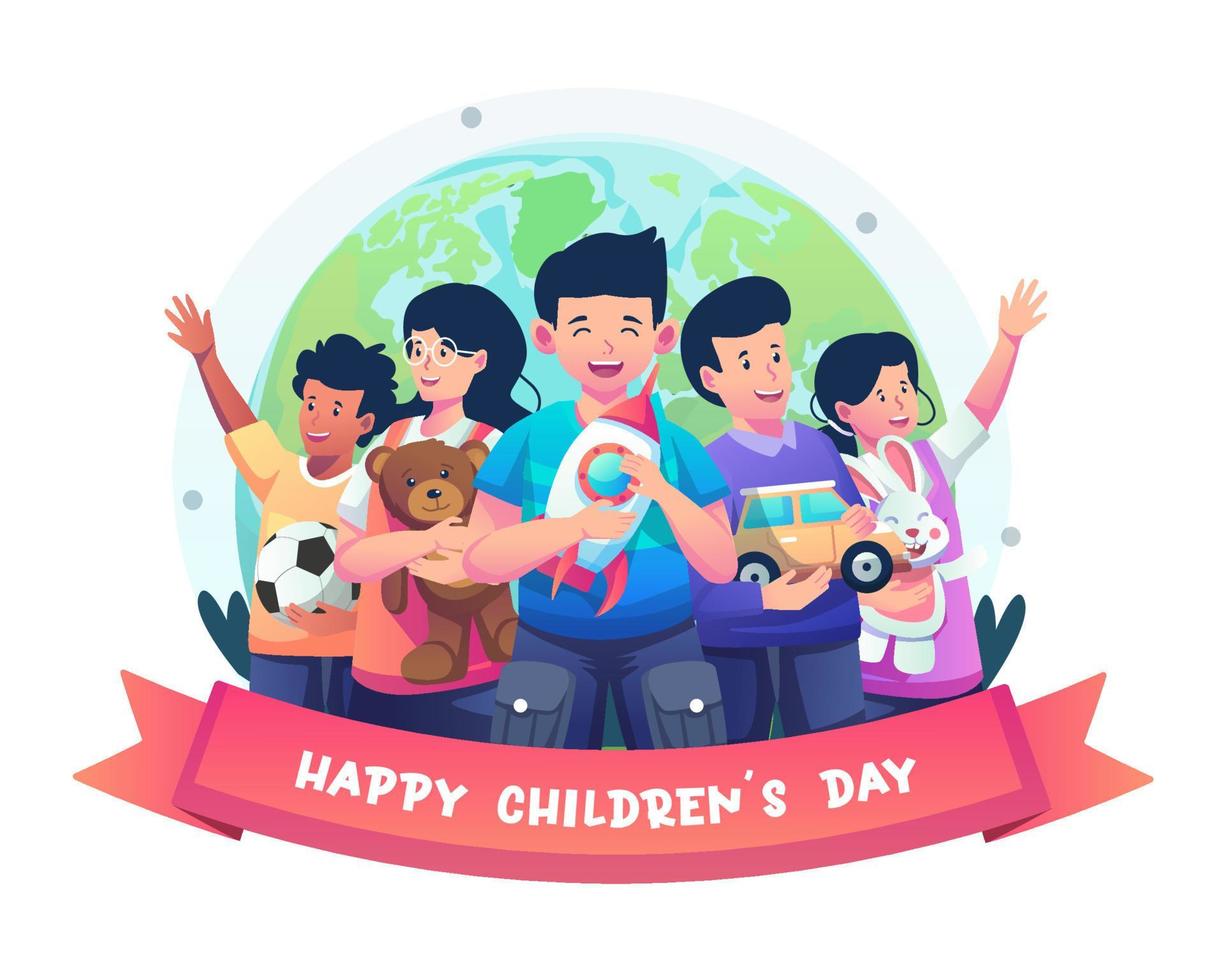 een groep kinderen over de hele wereld viert kinderdag samen met hun speelgoed. vlakke stijl vectorillustratie vector
