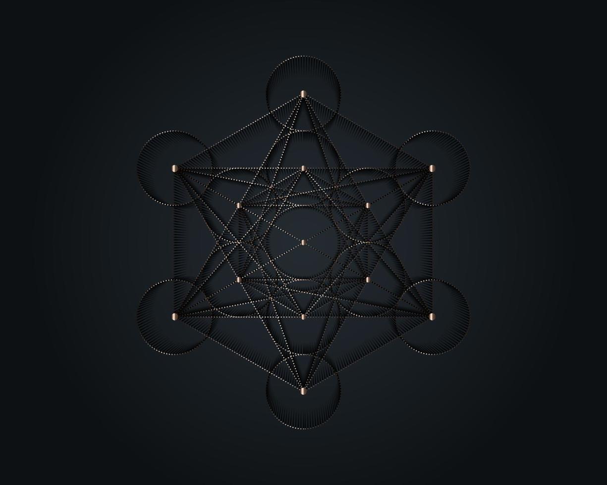 metatrons kubus, bloem van het leven. gouden heilige geometrie. mystieke icoon platonische lichamen merkabah, abstract geometrisch metalen ontwerp, graancirkels teken. grafisch logo element vector geïsoleerd op zwart