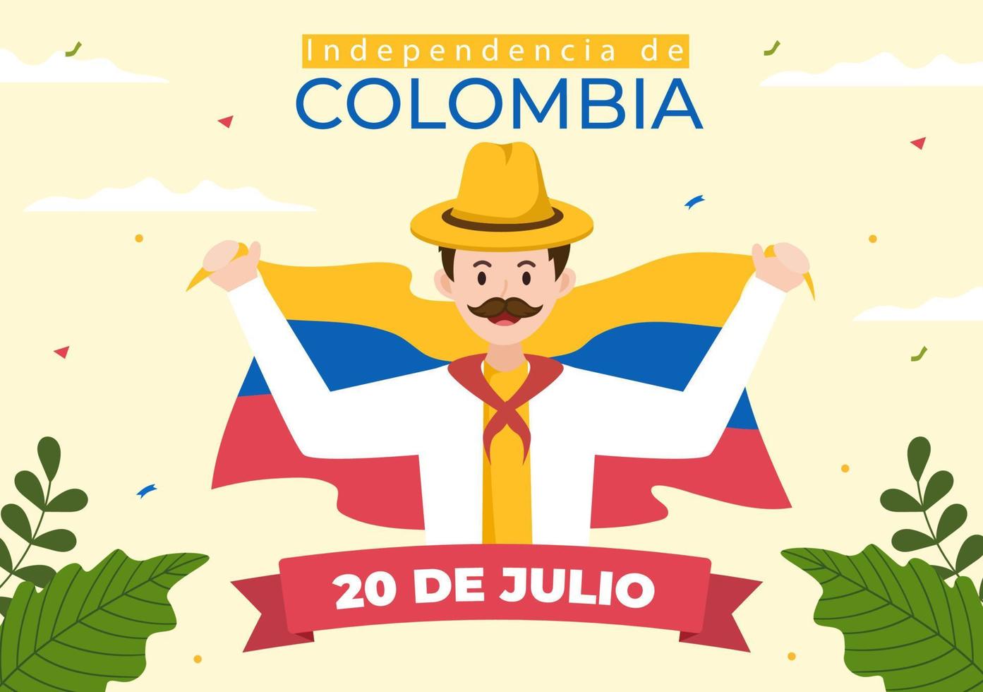 20 juli independencia de colombia cartoon afbeelding met vlaggen, ballonnen en personages voor posterontwerp vector