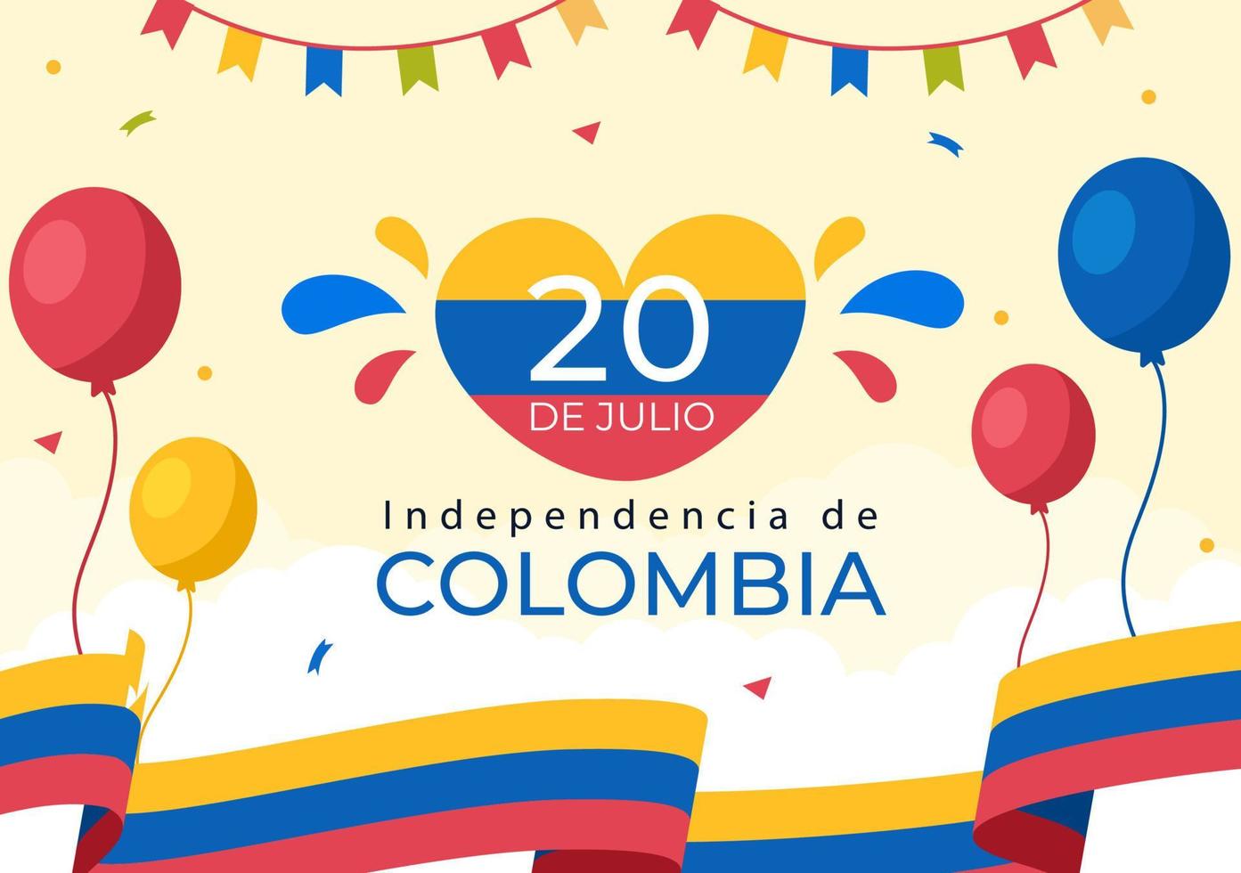 20 juli independencia de colombia cartoon afbeelding met vlaggen en ballonnen voor poster stijl ontwerp vector