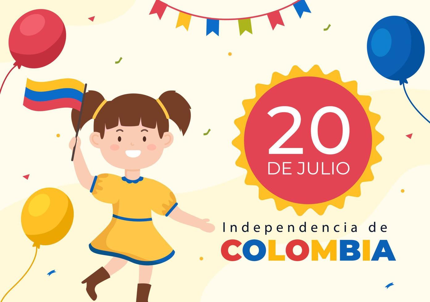 20 juli independencia de colombia cartoon afbeelding met vlaggen, ballonnen en schattige kinderen mensen personages voor posterontwerp vector