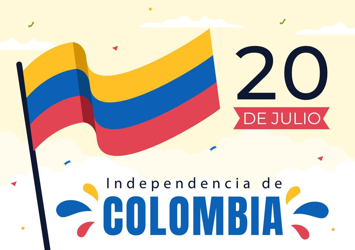 20 juli independencia de colombia cartoon afbeelding met vlaggen en ballonnen voor poster stijl ontwerp vector