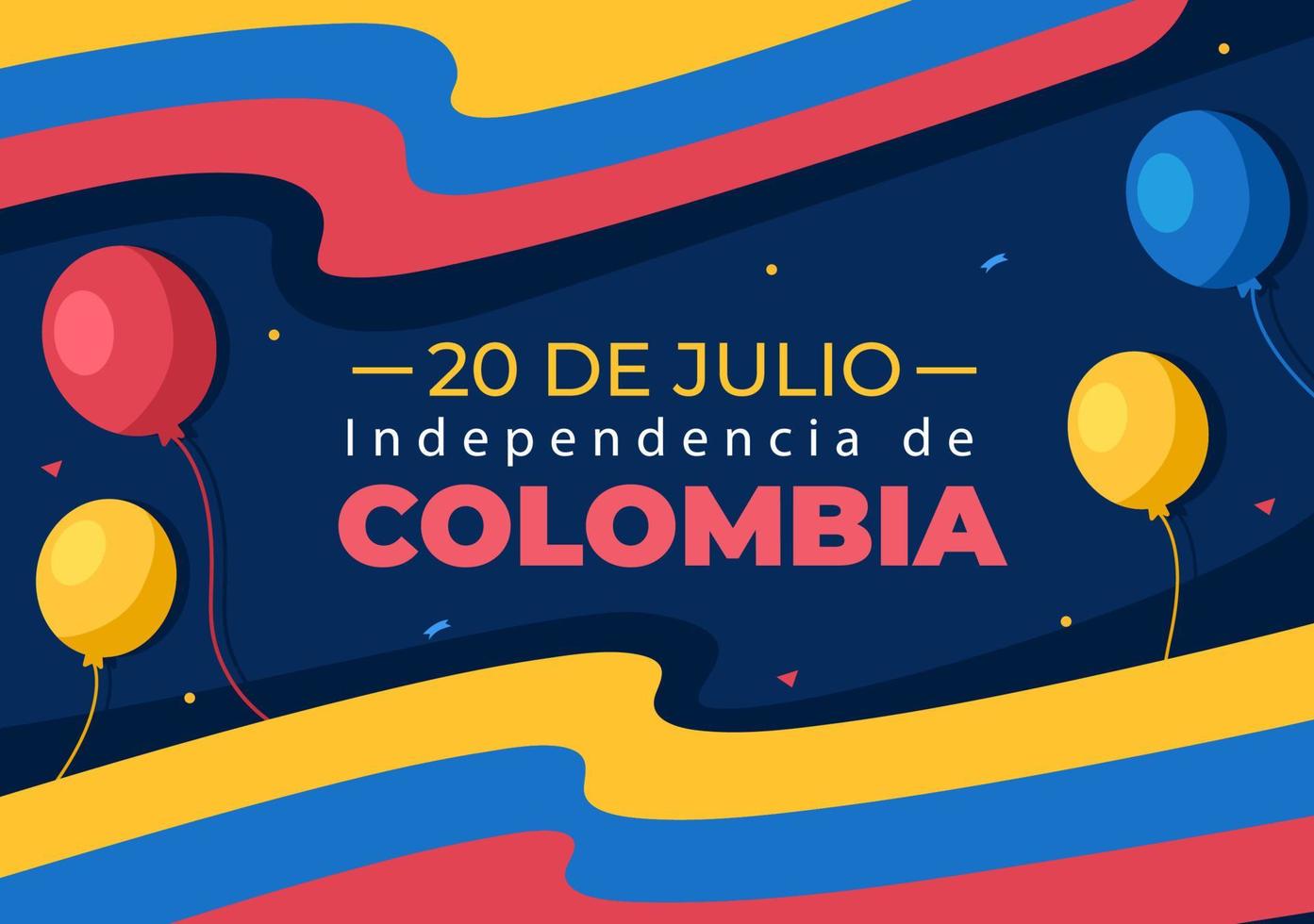 20 juli independencia de colombia cartoon afbeelding met vlaggen en ballonnen voor poster stijl ontwerp vector