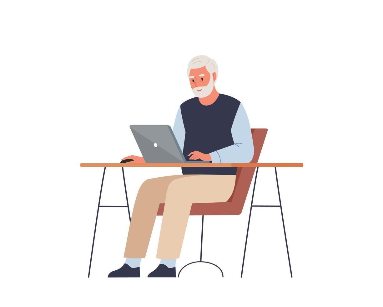 gelukkige oudere man werkt aan een laptop. freelance, online training, e-mailcontrole, webinar. oudere man aan tafel op kantoor. platte vectorillustratie. vector