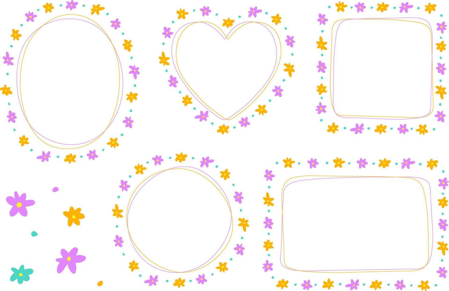 abstract paars violet oranje helder madeliefje bloem doodle hand tekening getrokken hart cirkel vierkant ovaal rechthoek kleverige nota vorm lijn grenzen frames plaat set collectie achtergrond vectorillustratie vector