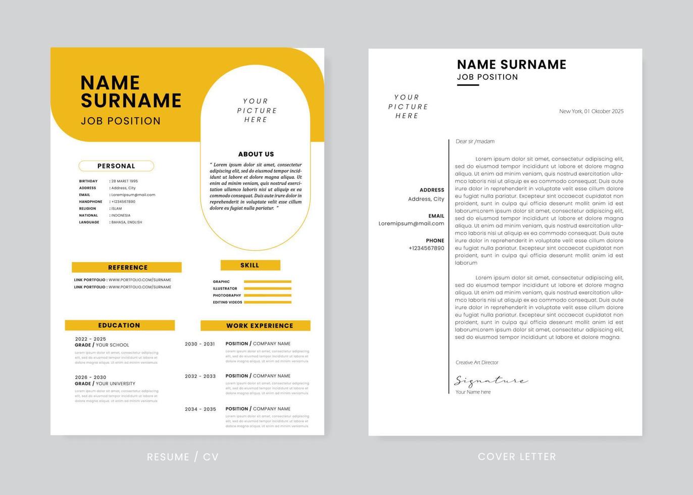 minimalis cv cv en sollicitatiebrief ontwerpsjabloon. super schoon en duidelijk professioneel modern design. stijlvolle minimalis-elementen en pictogrammen met zwarte en oranje kleur - vectorsjabloon. vector