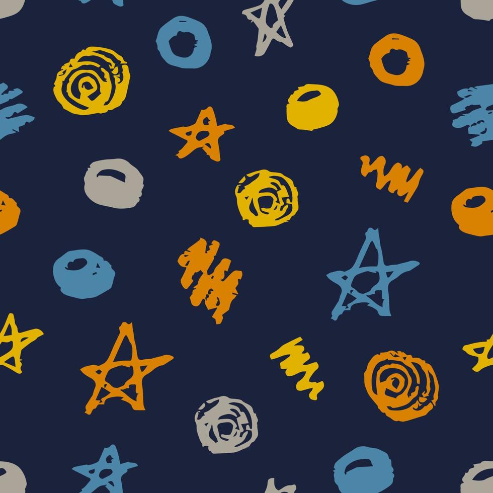 eenvoudig abstract vector naadloos patroon. gele, grijze, blauwe sterren, doodles, cirkels, spiralen op een donkere achtergrond. voor prints van stof, textiel, kleding.