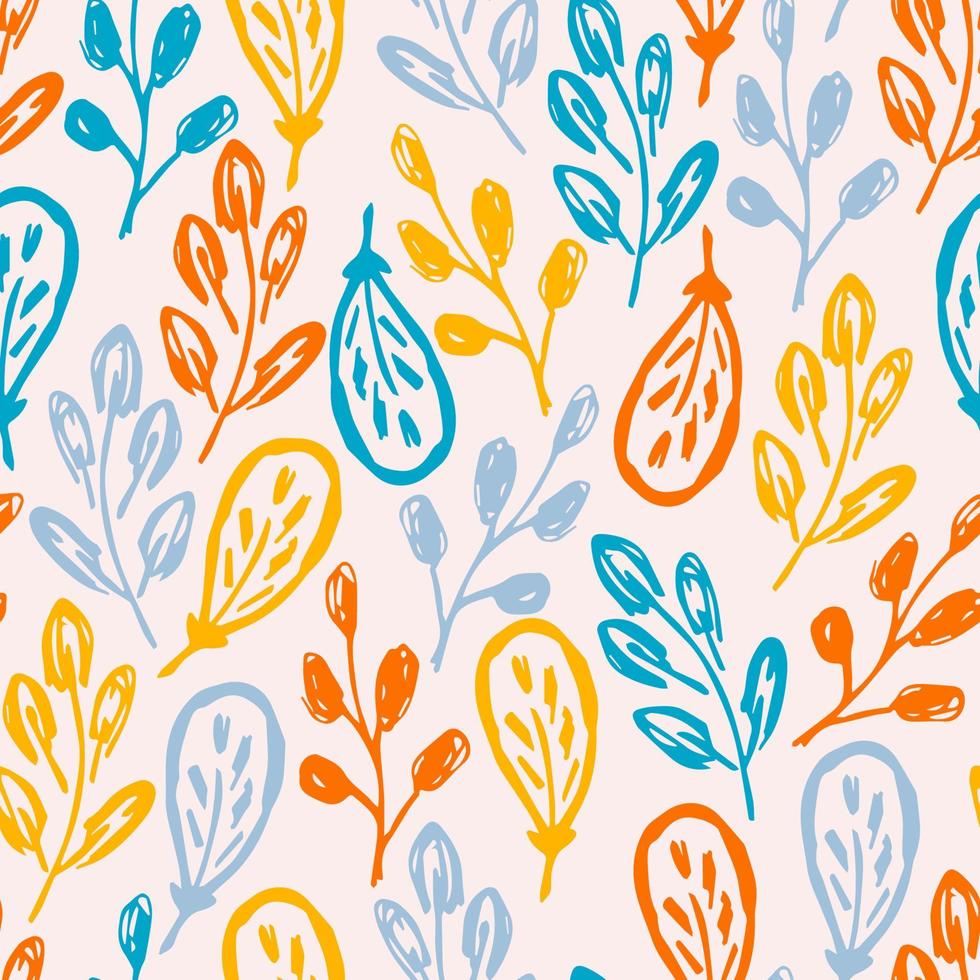 abstracte heldere bloemen vector naadloze patroon. blauw, oranje bladeren, takken op een lichtroze achtergrond. voor prints van stof, kleding, textielproducten, verpakkingen, papier.