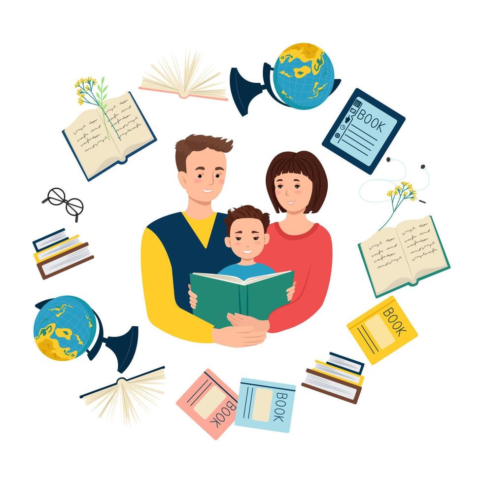 ouders met een kind lezen een boek, globe, boeken, notebooks, bril, tablet rond het meisje. onderwijs en training. vector illustratie