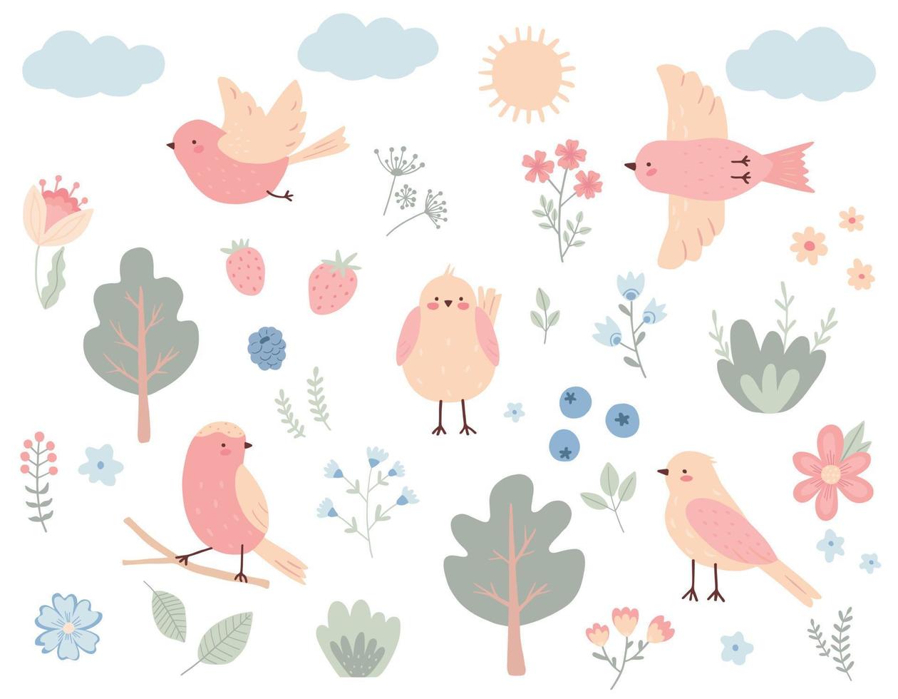set met vogels, bomen, bloemen, wolken en de zon. leuke verzameling elementen van de zomer- en lentenatuur. kinderachtig platte vectorillustratie. vector