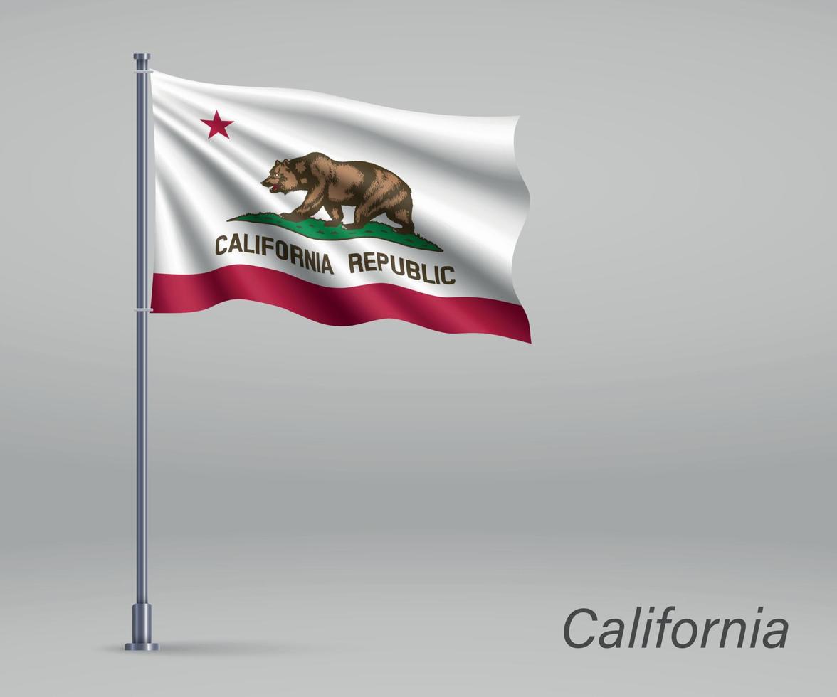 wapperende vlag van californië - staat van de verenigde staten op vlaggenmast. vector