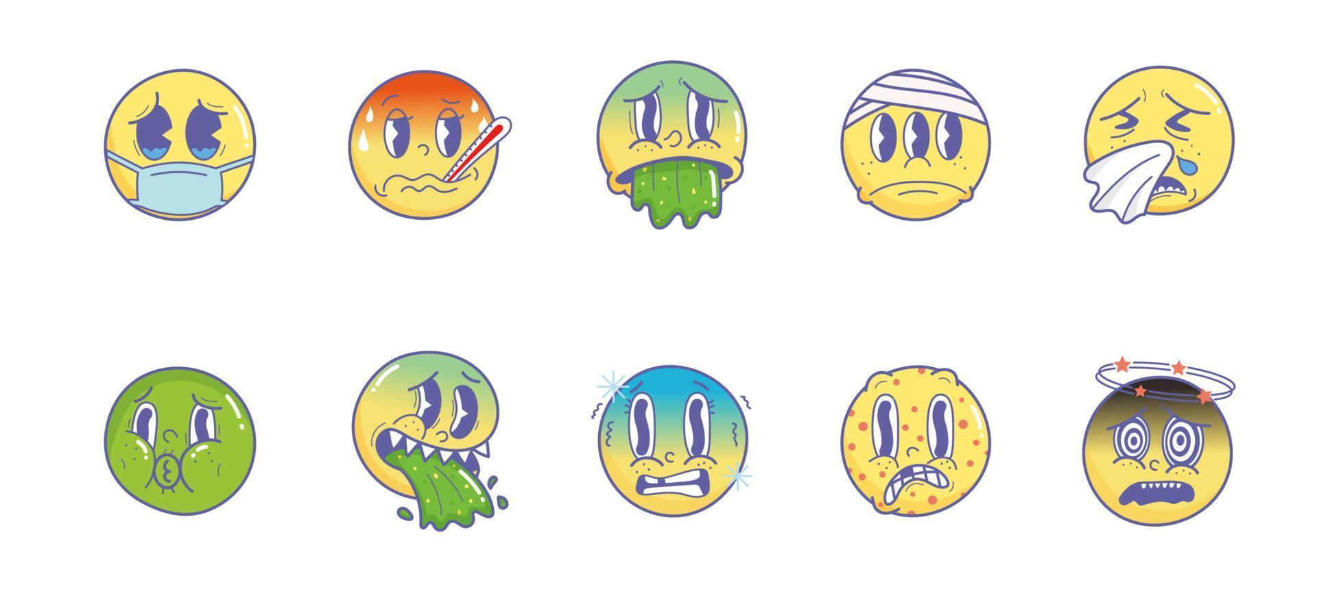 zieke emoji. vintage 30s 40s 50s cartoon en komische gezichtsuitdrukkingen emoji. expressieve ogen en mond, ziek niezen koorts braken koude rillingen karakter gezichtsuitdrukkingen vector set premium vector