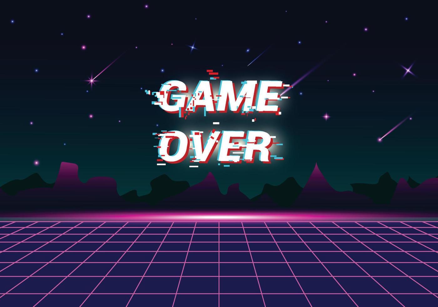 retro neon met bergversieringen en gameover-schrift vector