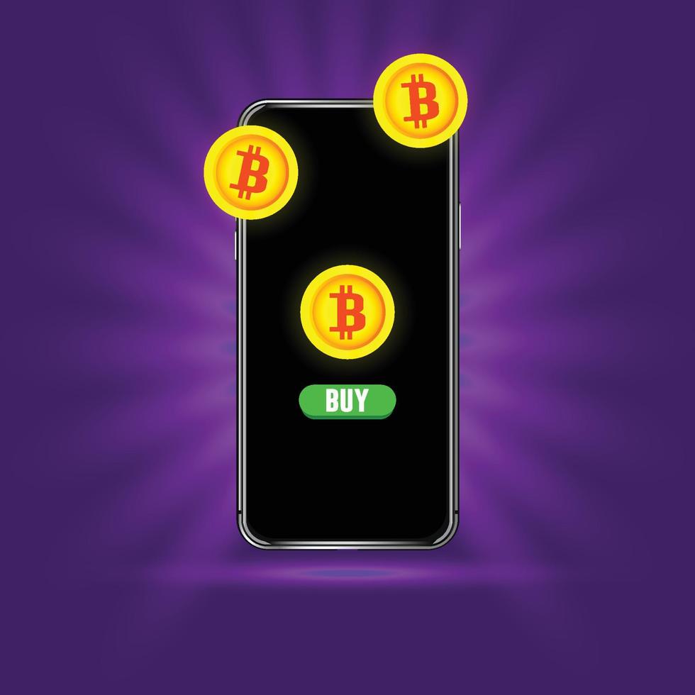 smartphone-ontwerp met bitcoin-transactie en glanzende paarse achtergrond vector