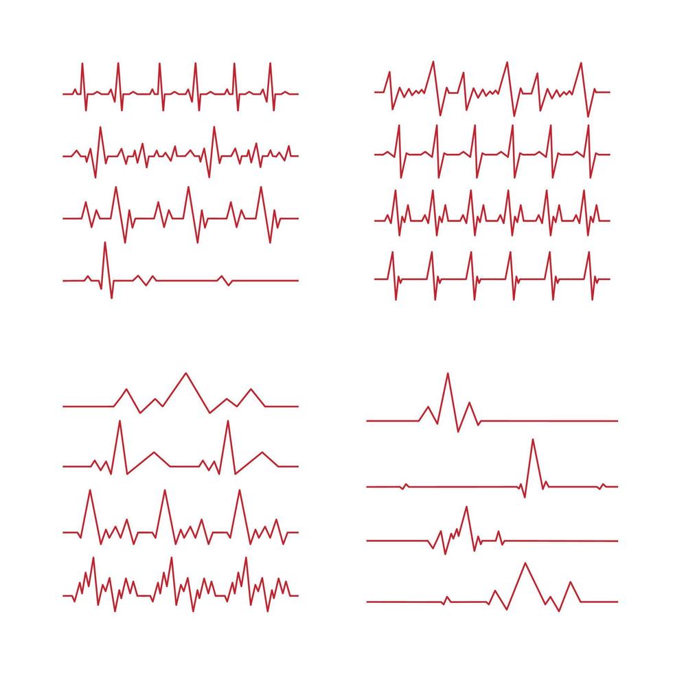 set van 16 stuks. hartpuls - gebogen rode lijn op witte achtergrond - vector