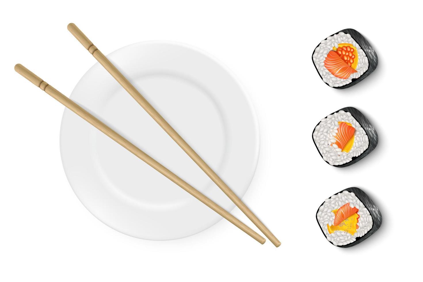 vector realistisch beeld van sushi met witte plaat en bamboestokken. een sushi-restaurant inrichten. sushi advertentie