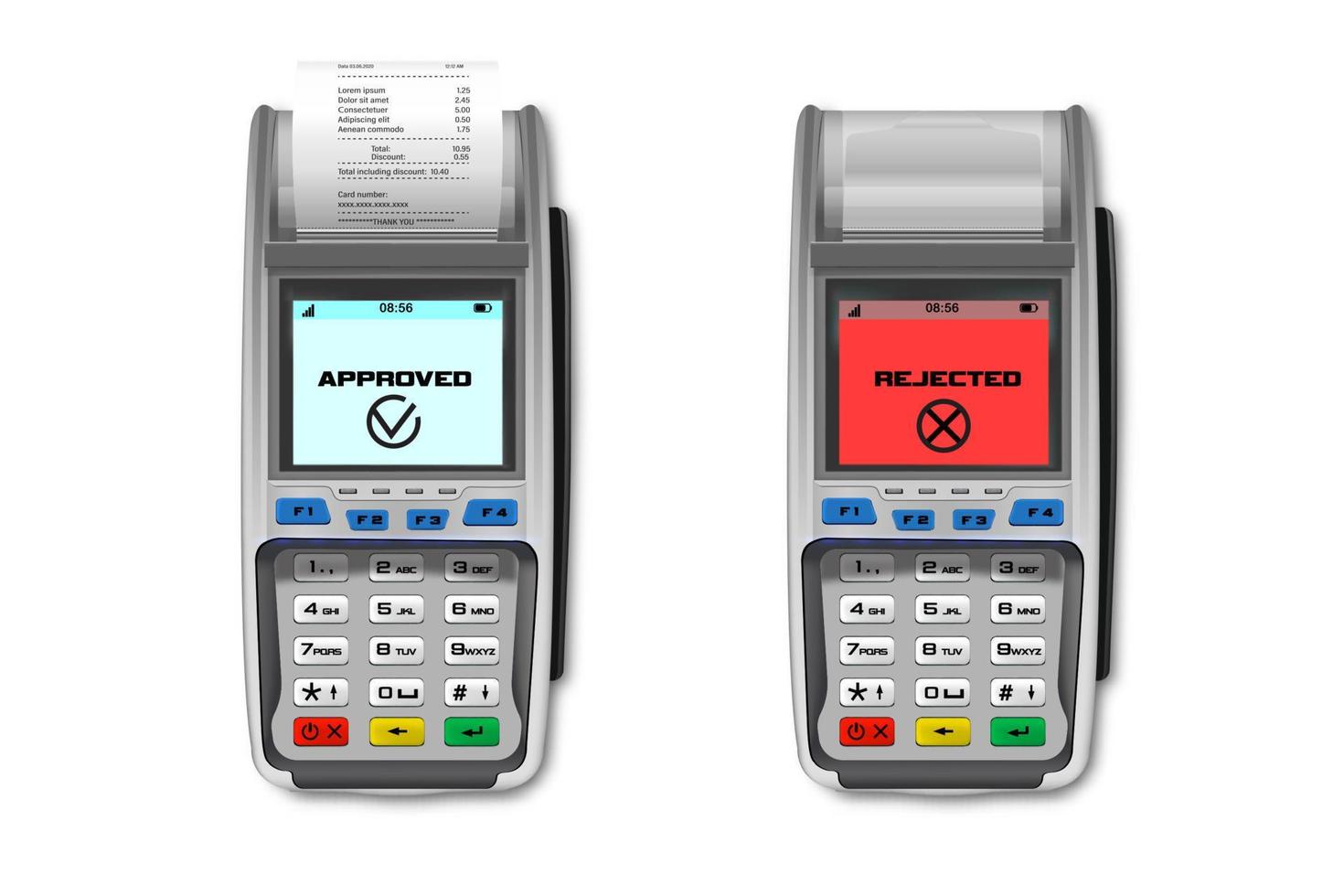 vector realistische zwarte 3D-betaalautomaat, ontvangst. pos terminal set geïsoleerd. goedgekeurde, afgewezen betaling. ontwerpsjabloon van bankbetaalterminal, mockup. verwerking van nfc-betalingen apparaat.