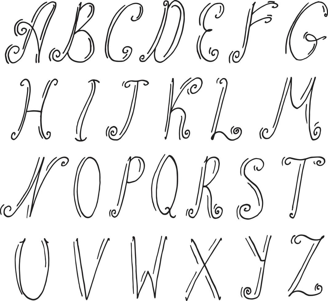 het engelse alfabet in een decoratieve stijl met krullen. alle letters zijn met de hand getekend. set. verzameling. vectorillustratie voor uw ontwerp. vector