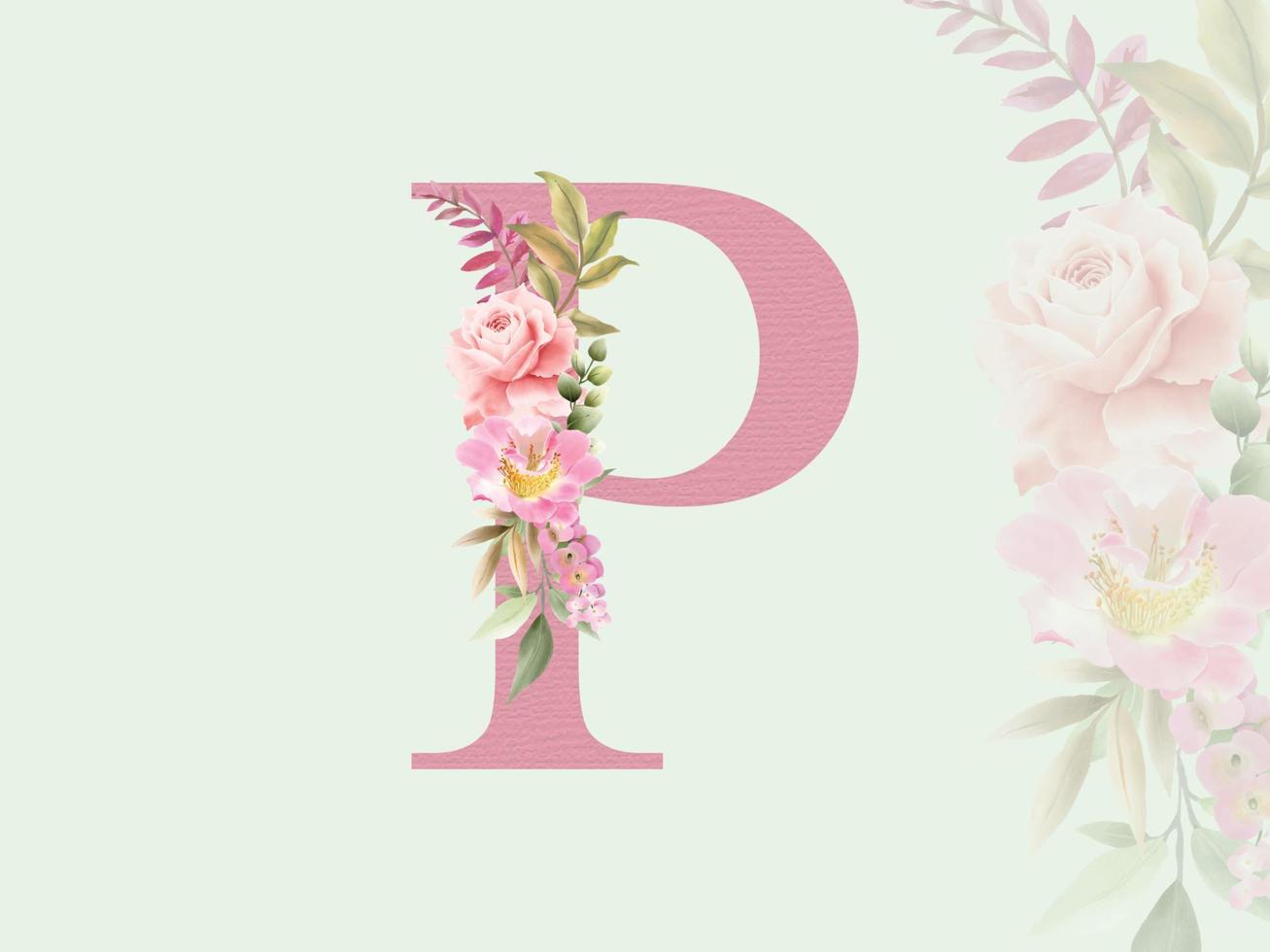 mooi alfabet p met bloemenboeket vector