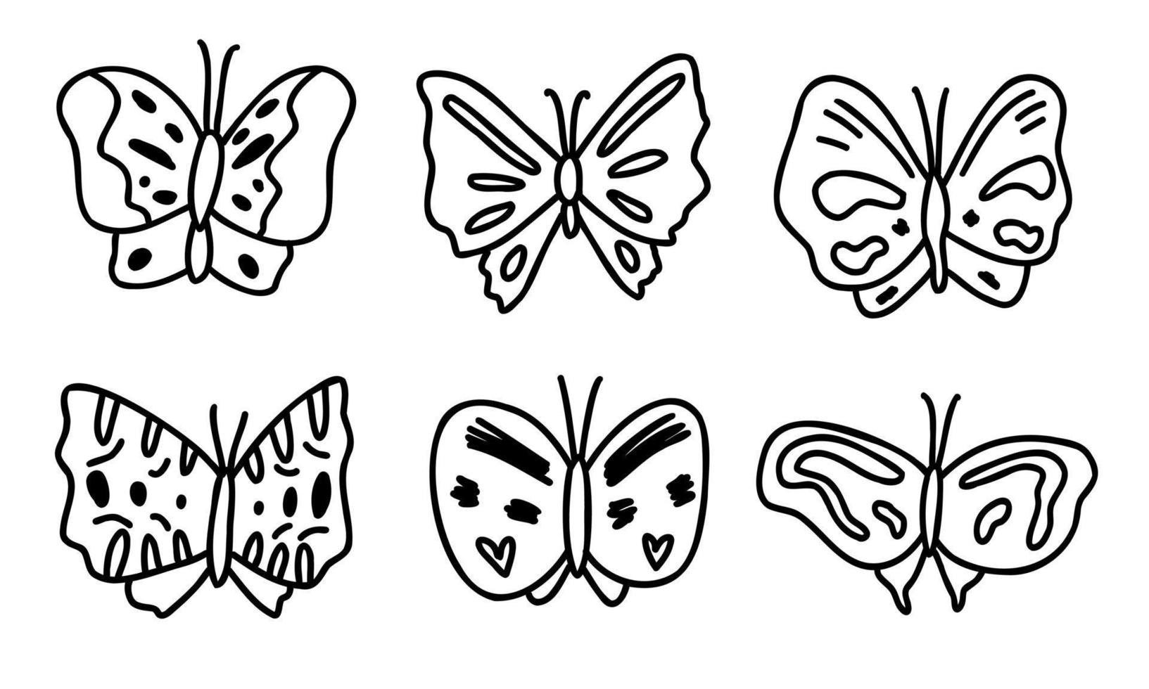 doodle schattige vlinders set, collectie geïsoleerde lijn. botanische hand getekende vectorillustratie. schets voor een tatoeage. vector