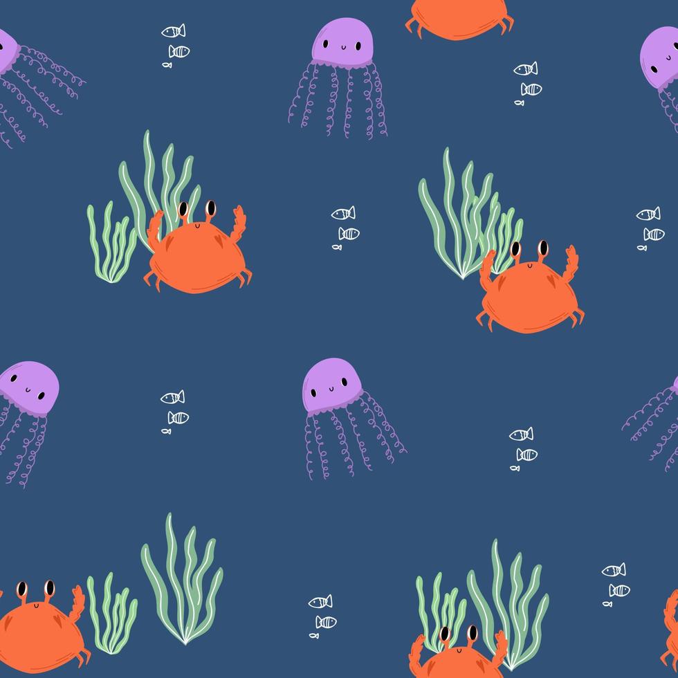 schattige vis, krab, kwallen, zeepatroon blauwe doodle. naadloze achtergrond oceaan. textiel voor kinderen. minimalisme papieren plakboek voor kinderen, badkamer. vector