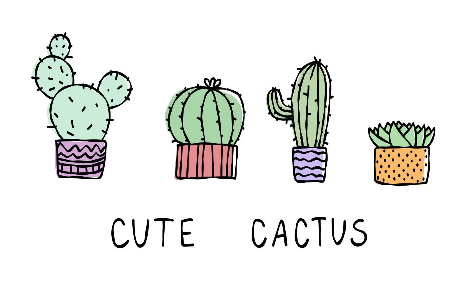 leuke cartooncactustekst. cactussen collectie. plant in huis geïsoleerde doodle illustratie. vector