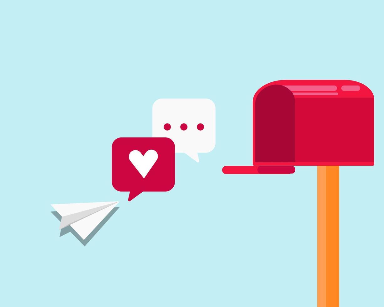 gelukkig valentijnsdagconcept. rode brievenbus met twee berichten met papieren vliegtuigje. cartoon vectorstijl voor uw ontwerp. vector