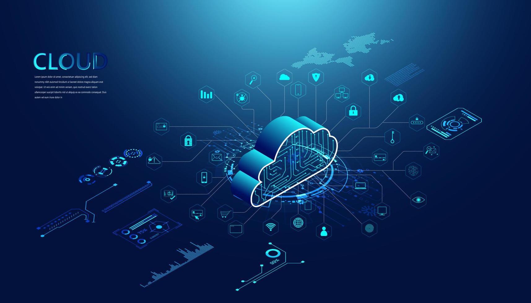 abstracte cloudtechnologie met big data en interfaceconceptverbinding door gegevens in de cloud te verzamelen met grote gegevensopslagsystemen op hi-tech achtergrond. vector