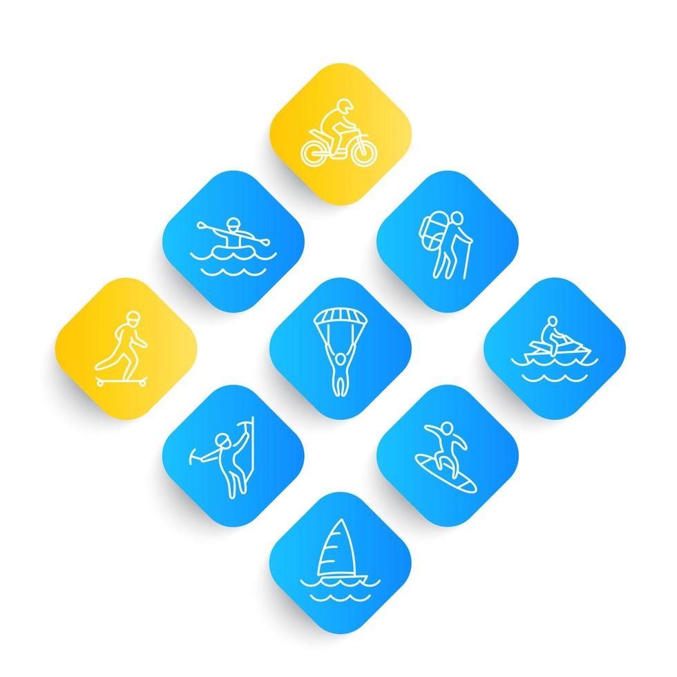 extreme outdoor activiteiten lijn iconen set, raften, motorcross, parachutespringen, alpinisme, vectorillustratie vector